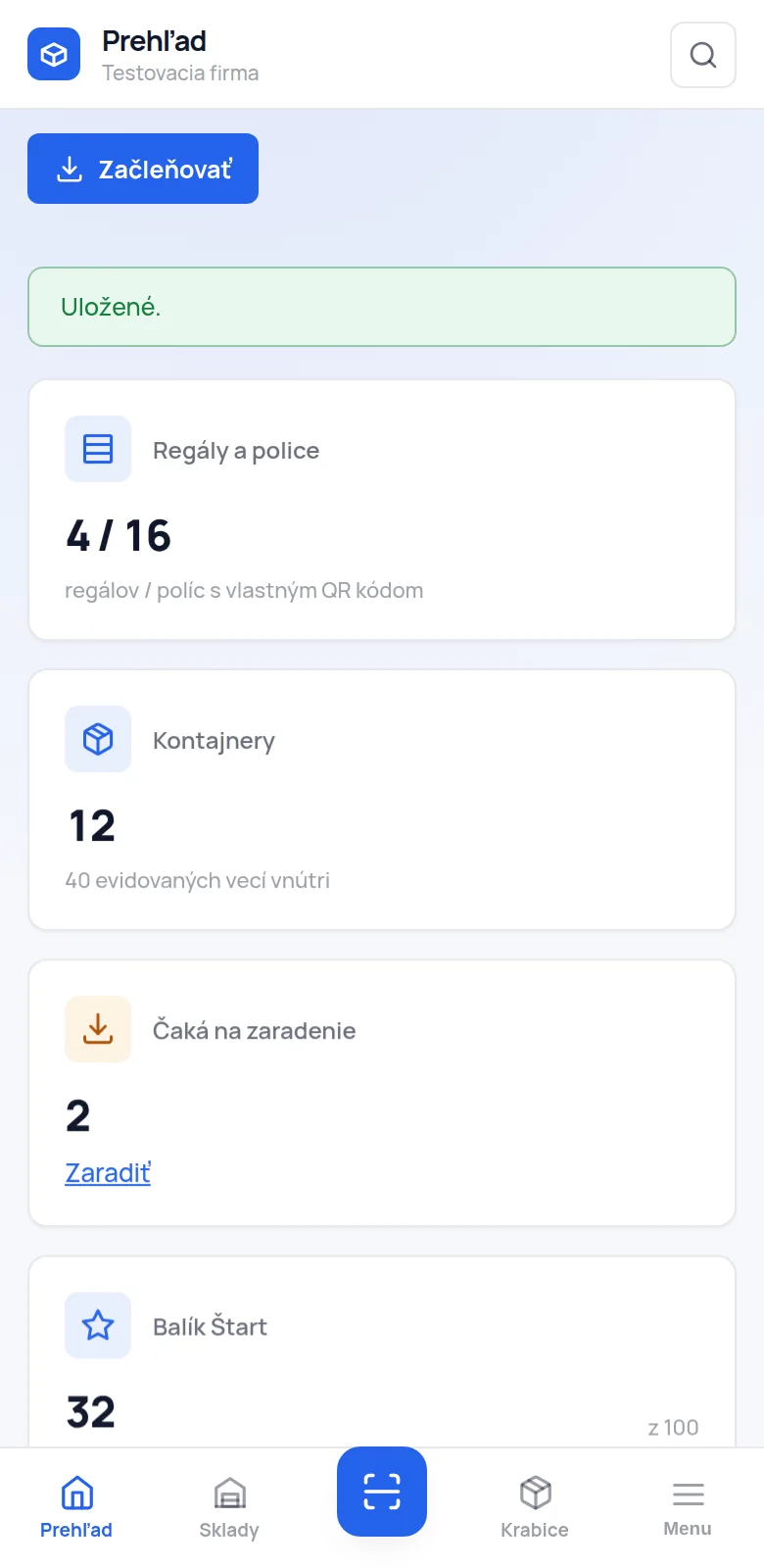 Prehľad skladu v mobilnej aplikácii cloudstrg