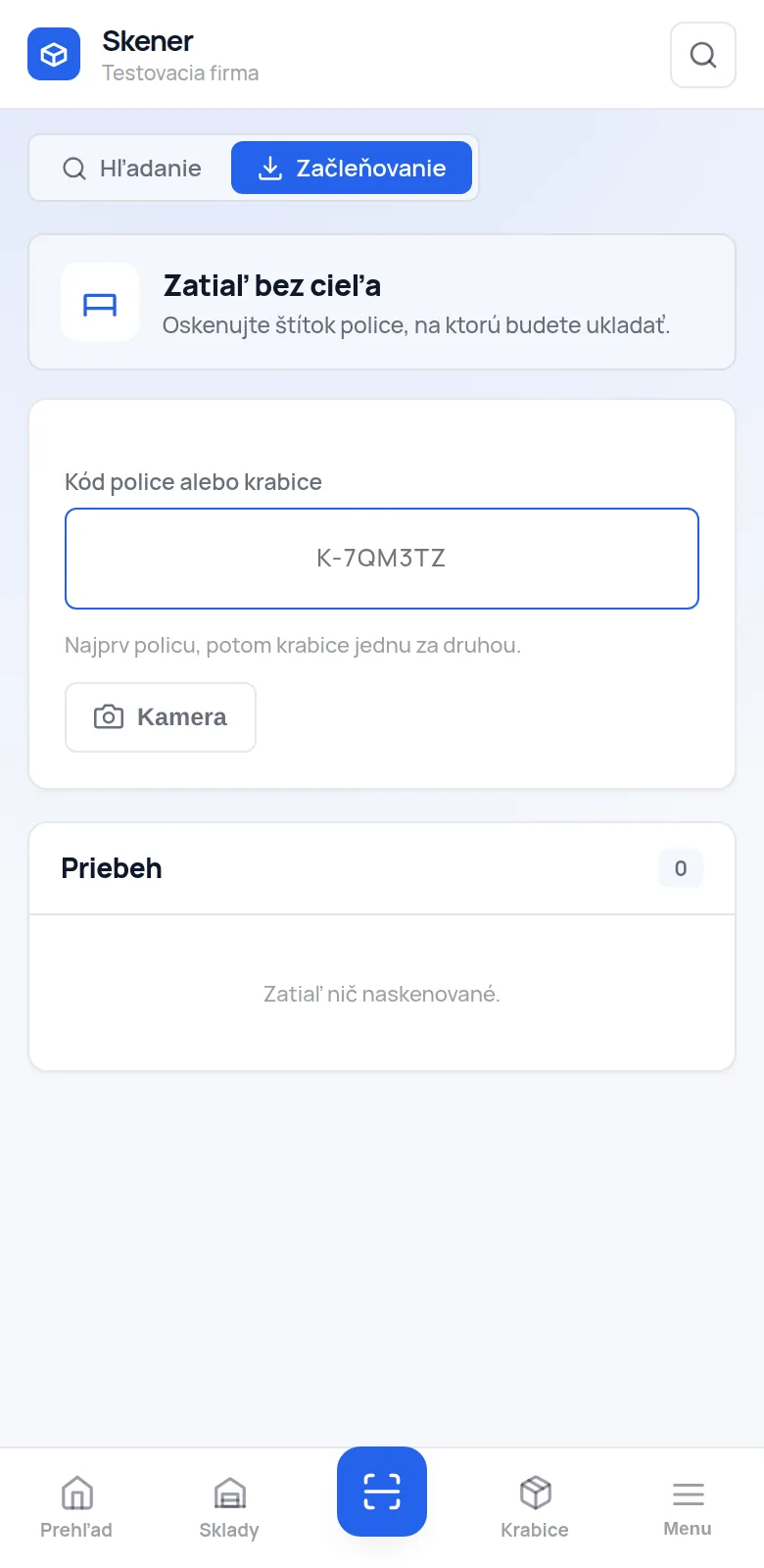 Obrazovka skenera v režime začleňovania
